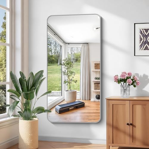 Image of KOCUUY Silver Bathroom Mirror, 30x55 Inch Bathroom Mirror for Over Sink, HD Tempered Glass, Anti-Rust Brushed Silver Frame, Rounded Corner Modern Design for Bathroom, Hang Horizontal /Vertical