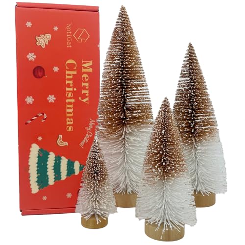 Mini Christmas Tree Bottle Brush Christmas Trees Decor for Christmas Decorations Wooden Bases (Orange and White)