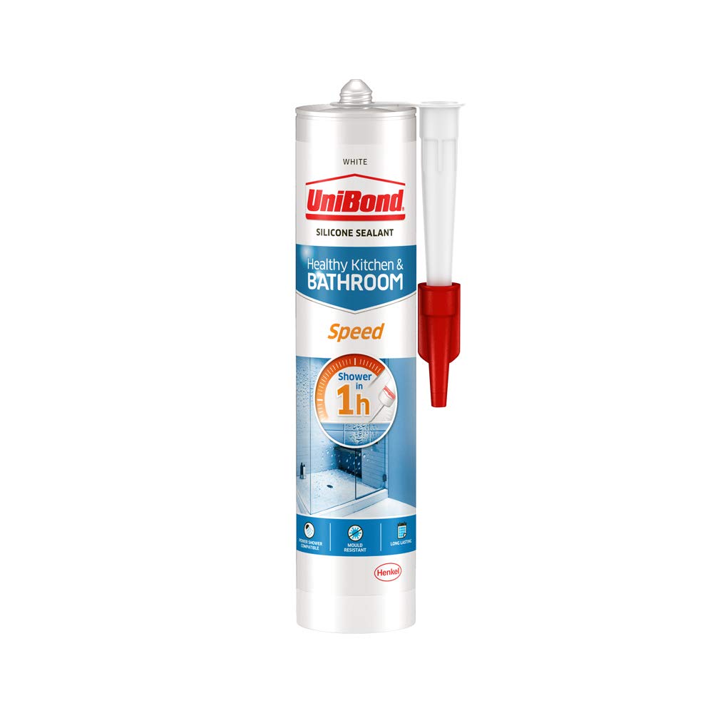 UniBond Speed Seal Sealant, Fast Drying White Silicone Sealant, Water & Mould-Resistant Bathroom Sealant, High-Quality Bath Sealant for Hygienic Seals, 1x291g Cartridge