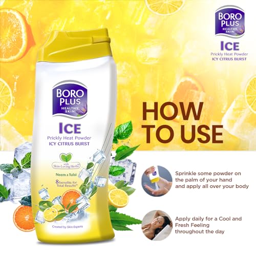 Image of BOROPLUS Prickly Heat Powder Icy Citrus Blast | Ayurvedic | with Neem and Tulsi | Relief from Prickly Heat | Protection from Rashes | Absorb Sweat | Cools & Calm the skin | Anti-septic action |400g