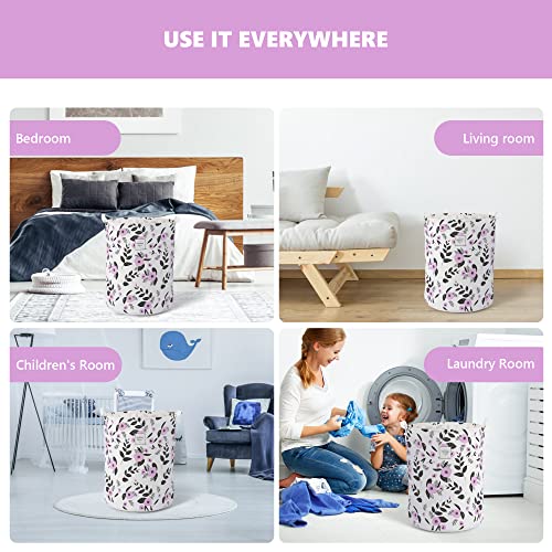 Image of Large Foldable Laundry Basket Organizer Holder portable tall collapsible laundry hamper nusery Storage Basket Bin with Handles Canvas & Waterproof lining for Household Items (Floral Purple)