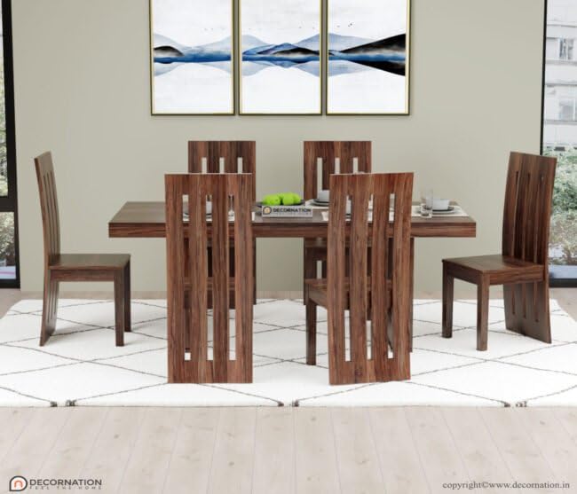 Image of DecorNation Meira Solid Wooden 6 Seater Dining Table Set with Chairs | Large Rectangular Dining Table | Ergonomic Backrest Chairs | Modern Dining Furniture for Home