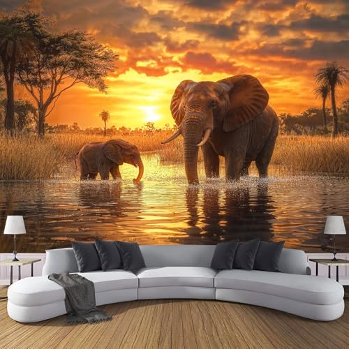 MIATCENRT Papel Tapiz Fotográfico Animales, 150Anx105Al cm Fondo de Pantalla Atardecer Orilla Del Río Elefantes Papel Pintado, Decoración de Pared para Sala Restaurante Cuarto Oficina Salón, Naranja