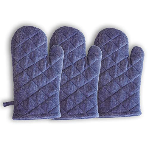 Image of 3 Oven Gloves, Cotton Heat Resistant Oven Mitts Kitchen Gloves for Cooking, Baking | Heat Proof, Durable, Free Size (Blue)