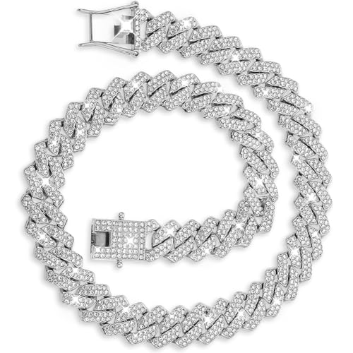 Prasacco Cuban Link Chain for Men Women - Silver, Iced Out Diamond Chain Necklace Hip Hop Jewelry (16, Inches)