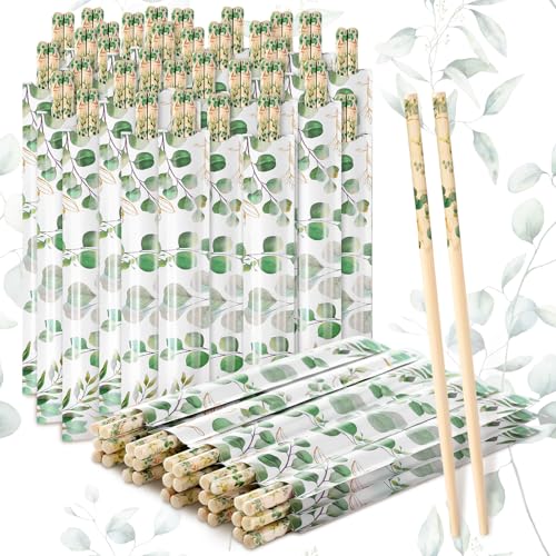 Image of 50 Pairs Eucalyptus Disposable Bamboo Chopsticks Bulk Sleeved | Cherry Eucalyptus for Wedding Favors, Asian Takeout, Picnic Party, Catering Restaurant Supply, Paper Wrapped Sleeves