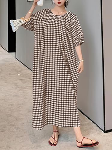 Image of chouyatou Women's Casual Gingham Loose-Fit Swing Dress Cotton Lantern Puff Sleeve Plaid Midi Long Dress