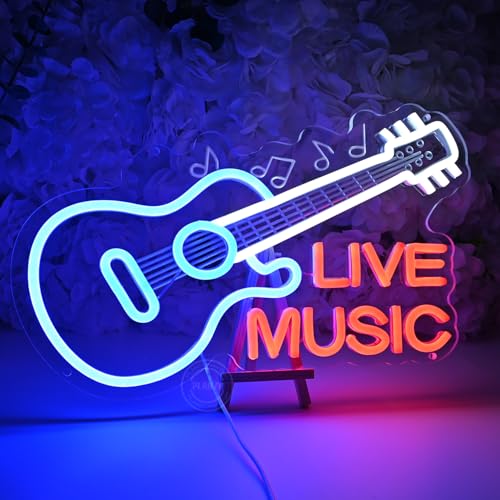 Image of Planzo Guitar Neon Sign Live Music LED Neon Light Record Studio Wall Decor | Music Room Night Club Neon Decor, Beer Bar Business Store Wall Sign Decor, Birthday Christmas Gift, USB, 15.75 inchX9.84 inch