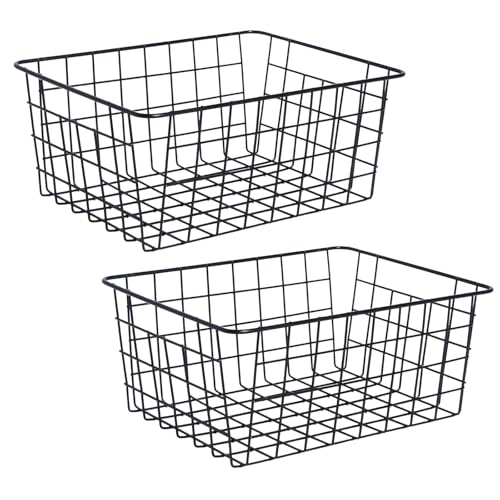 Image of OHS 2 Pack Kitchen Storage Baskets, Small Metal Wire Basket Storage Wire Freezer Organiser Bin Vegetable Baskets for kitchens Pantry Bathroom Cupboards, Black