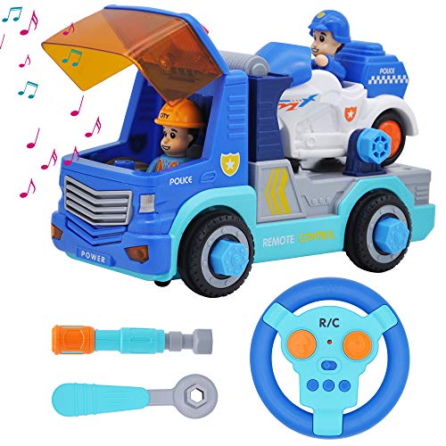 JOYIN STEM Remote Control Take Apart Police Truck with Built-in Lights and Sounds and Electric Drill for Kids Assembly Vehicle Toy RC City Car Collection