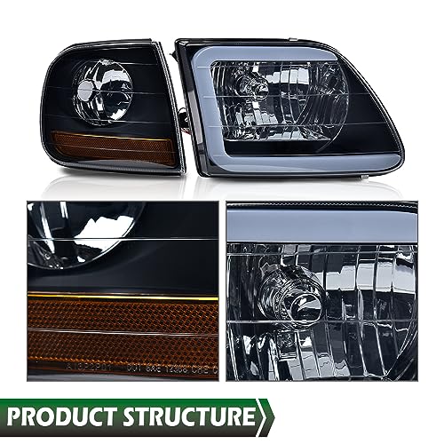 Image of GRAND ORANGE Lightning Style Headlights Assembly LED DRL strip Compatible with 1997-2002 Ford Expedition /1997-2004 F150 /1997-1999 F250 Headlamps Smoke Lens Black Housing Amber Reflector