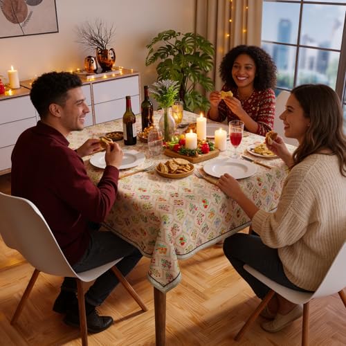 Image of Encasa XO Dining Table Cover Cloth for 4 Seater | 140x140 cm Square Table Cloth | Water Repellent Polyester Tablecloth for Indoor & Outdoor Use - French Beige Digital Print