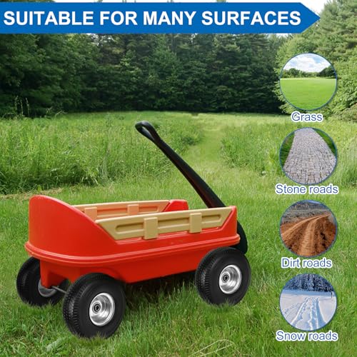 Image of 4.10 /3.50-4 inch Flat Free Tires, 10 Inch Solid Tires and Wheels Replacement with 5 /8 inch Axle Bore Hole, 2.2 inch Offset Hub for Hand Truck, Garden Cart, Lawn Cart, Wheelbarrow, 2 Pack