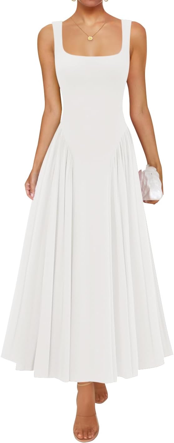 ZESICA Womens 2026 Summer Sleeveless Square Neck Sundress Casual Long Flowy A Line Beach Vacation Maxi Dresses