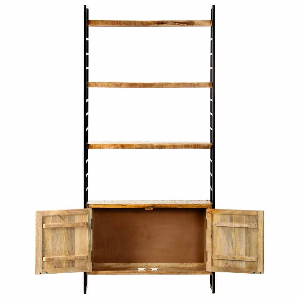 Libreria a 4 ripiani, 80 x 30 x 180 cm, in legno di mango grezzo, con telaio in ferro verniciato a polvere, 2 ante, 3 ripiani, salvaspazio, robusta, per soggiorno, ufficio, studio