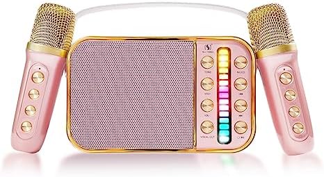 Mini Karaoke Machine for Kids & Adults, Karaoke Machine with 2 Microphones,Portable Handheld Microphone and Speaker Set,Retro Speaker System with Disco Light,Gifts Home Party KTV (Pink with 2MIC)