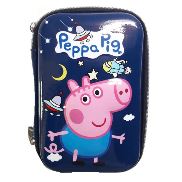 Lalji Creations Premium Attractive 3D Embossed Pig Character Hardtop EVA Large Capacity Pencil Case Organizer, Pencil & Pen Pouch Holder Stationery Box for Kids Blue