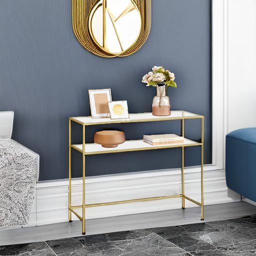 Image of VASAGLE 39.4 Inchs Console Sofa Table, Tempered Glass, 2 Shelves