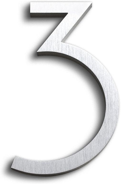 Modern House Number - Brushed Aluminum - Contemporary Font 6 Tall Number 3 Three - Floating Appearance - Easy to Install - Made of Solid 3/8 Aluminum - Made in USA
