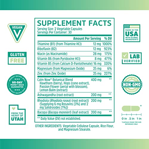 Zhou Calm Now Soothing Support With B Vitamins, Ashwagandha, Magnesium & Zinc, Relax, Focus & Positive Mind, Supports Serotonin Increase, Non-Gmo, Vegan, Gluten-Free, 30 Servings - 60 Vegcaps #TOP1