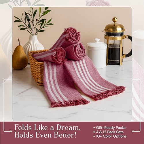 Image of Prewashed Stripe Dish Towels 12 Pack, 16x26 Inches, Absorbent Hand Towels for Kitchen Use, Quick Dry Cloths for Cleaning, Durable Washable Rags, Reusable Dishcloth Set - Burgundy Wine