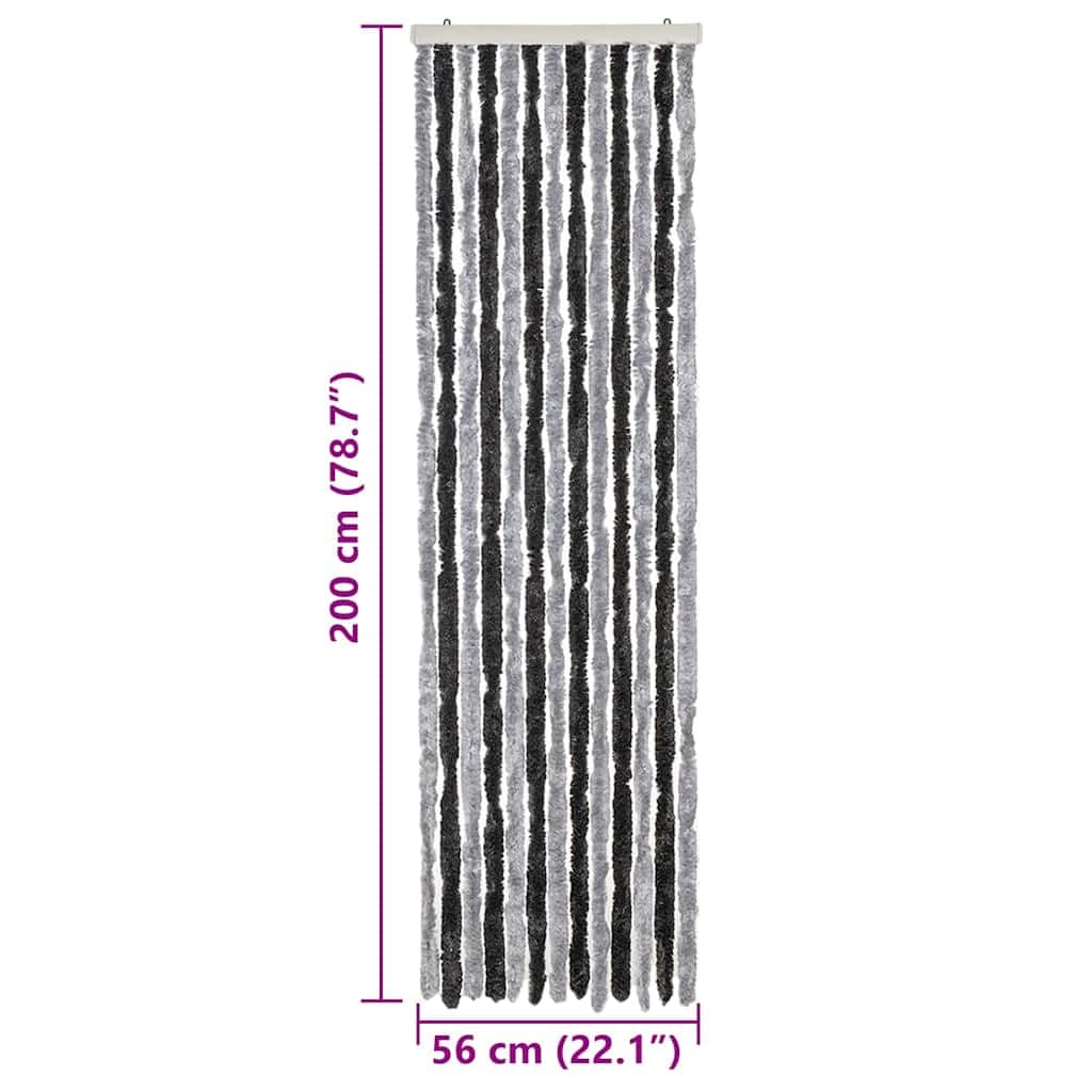 Rideau anti-mouches en chenille chenille gris et noir 56 x 200 cm - Rideau moustiquaire de porte en chenille polypropylène doux - Silencieux et sûr pour la maison, le camping-car ou la caravane