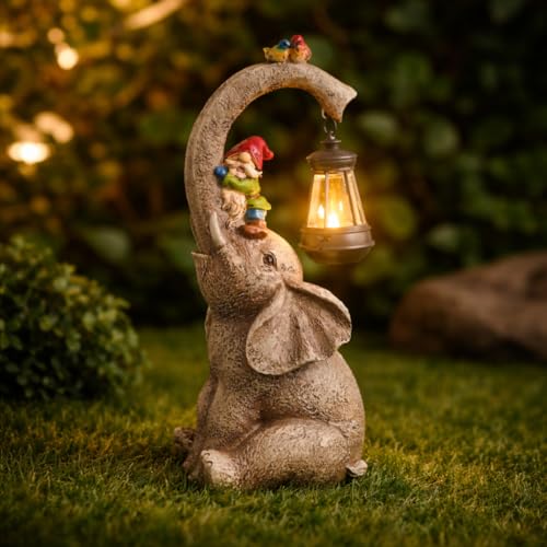Garden Mile Grande décoration de jardin en forme d'éléphant avec lanterne solaire – Décoration de jardin en résine résistante aux intempéries –...