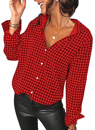 HOTAPEI Fall Plaid Blouses for Women V Neck Button Down Long Sleeve Shirts Ladies Business Casual Collar Tops Red Large