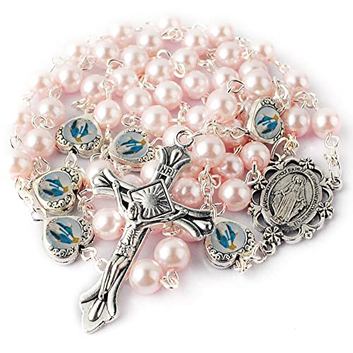 hanlincc glass pearl beads with miraculous epoxy heart metal beads rosary necklace pack in velvet gift bag with rosary pray card