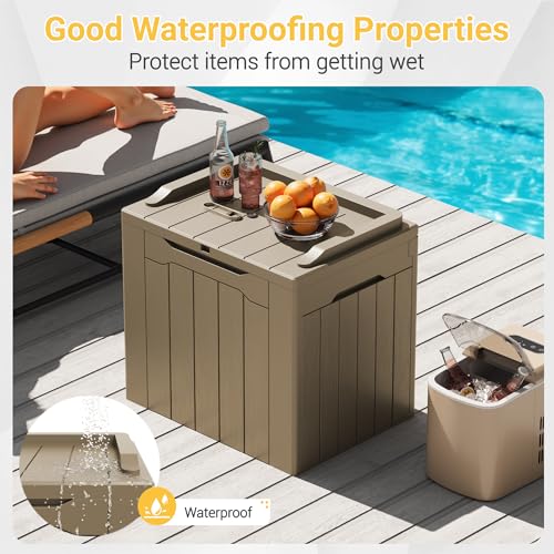 Image of Greesum Outdoor Storage Box 31 Gallon Storage Box with Lid for Patio Furniture, Garden Tools, Pool Supplies, Waterproof and UV Resistant, Lockable, Light Coffee