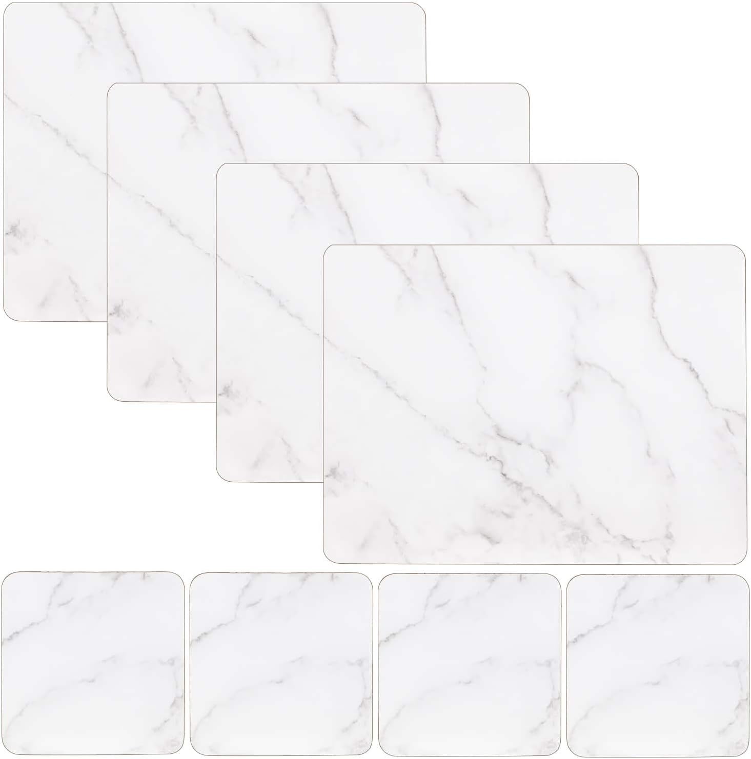 Aj Set Of 8 Marble Effect Glass Coaster And Placemat - Table Mats For Kitchen Dining Table - Cork Backed Placemats And Coasters Set 8 - Stain Resistant Laminate Finish