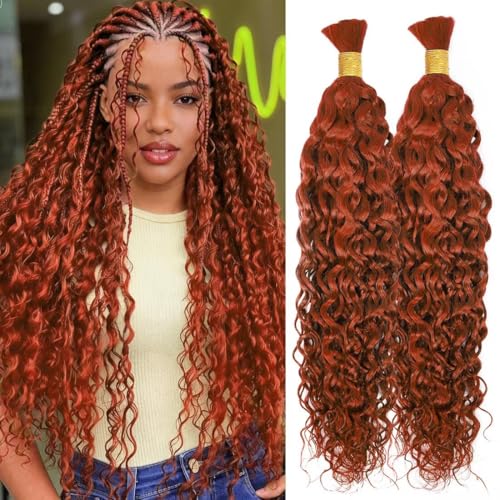 100% Unprocessed Human Hair for Braiding #350 Ginger Copper Pre-Separated Curly Bulk Hair 12A Grade Water Boho Braiding Hair Extensions Real Human Hair for Protective Styles 18 Inch 100g 2 Bundles