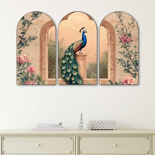 Image of Livin'luxe Peacock Wall Art | Set of 3 MDF Panel Paintings | Vintage Floral Theme Decorative Wall Hanging for Living Room, Bedroom, Office & Home Interiors (20 x 30 Inch) RPNS-04