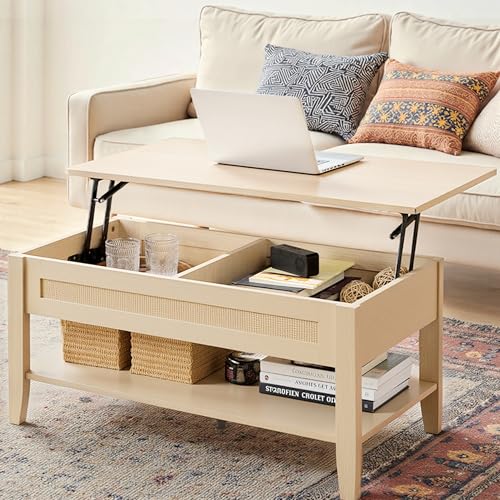 Image of Ink+Ivy Wood Lift Top Coffee Table with Hidden Compartment and Large Storage Shelf, Boho Modern Rattan Dining Rectangle Center Table for Home Living Room Office, 34.5 inch W, Natural