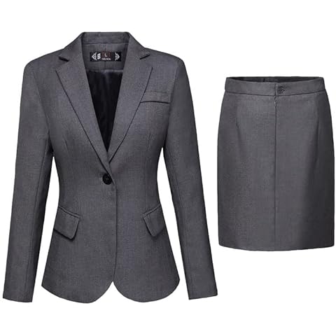 Womens 2 Piece Suit Set Solid Slim Fit Lady Business One Button Blazer Skirt for Office Grey Cover