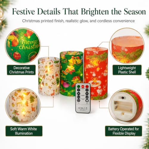 Image of Floral Flameless Candles with String Lights - 3pcs Battery Operated Candle Flickering Christmas LED Pillar Candles with Timer Remote for Home Decor Romantic Ambiance,CH