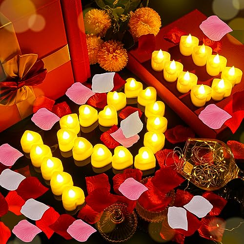 Image of Honoson 1000 Pieces Artificial White Yellow Rose Petals with 24 Pcs Flameless Heart Shaped LED Tealights Candles Special Romantic Night Decorations for Proposal Wedding Anniversary Table Decor