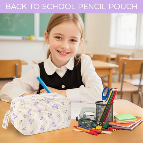 Image of WOBAGMEN Cute Pencil Case,Large Corduroy Zippered Pencil Case Pouch, aesthetic Pencil Bag with Compartments, Pencil Pouch School Supplies (HY-corduroy pc-purple floral)