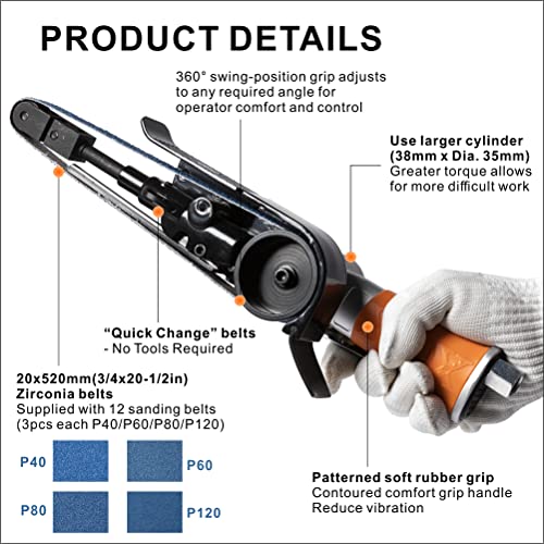 Image of Air Belt Sander 3 /4 inch x 20-1 /2 inch Belt Size Pneumatic Tool with 12pc Belts (#40, #60, #80 & #120), Good for Deburring, Sanding and Finishing (3 /4 inch x 20-1 /2 inch Sander)