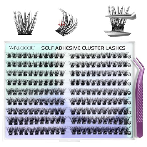 Self Adhesive Lashes Clusters 200Pcs Pre Glued Eyelashes D Curl 10-16mm Press On Lashes with Tweezer No Glue Needed DIY Lash Cluster Kits by WINKGIGGLE A14
