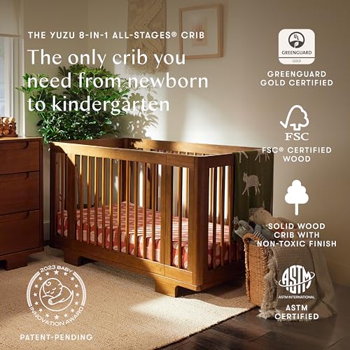 Image of Babyletto Yuzu Convertible All-Stages Bassinet, Midi, Full-Size Crib in Natural Walnut, Greenguard Gold Certified, Portable & Adjustable with Conversion Kits and Pads Included