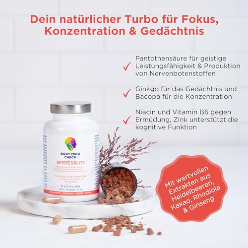 GEISTESBLITZ - natürliche Konzentrations Tabletten zum Lernen und Arbeiten - 120 Brain Booster Focus Kapseln hochdosiert - Focus Booster Gedächtnis Tabletten - Nootropic Gehirn Gedächtniskapseln