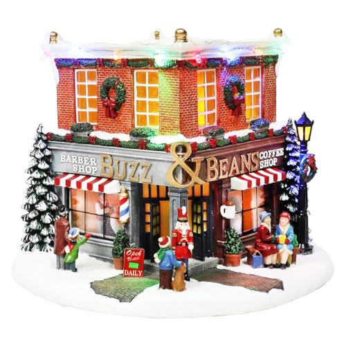 MOMENTS IN TIME 7.9H Polyresin Christmas Village LED & Musical Barber Shop & Coffee Shop for Christmas