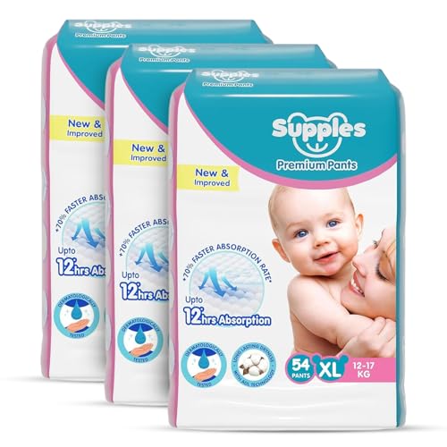 Image of Amazon Brand - Supples Premium Baby Diaper Pants | 54 Baby Diapers | XL | 12-17 Kg | 12 Hrs Absorption | Cushiony Cotton Soft Fabric | Phthalates-Free | Triple Leak Guard (Pack of 3)