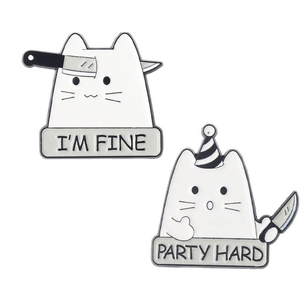 AbonitonHumour Cat with Knife Enamel Pin 2Pcs White Cat Pin Set Cute Animal Brooch Cartoon Lapel Pins Badge Clothing Bags Jackets Accessory