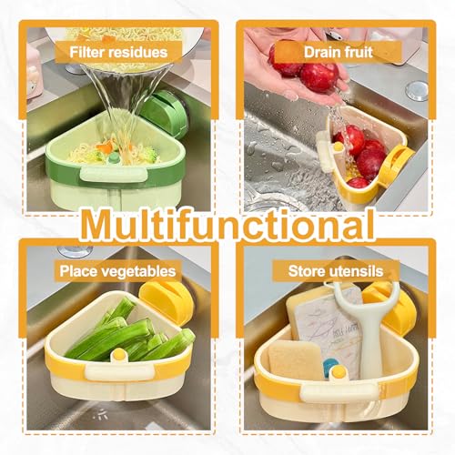 Huakaile Eckregal mit Saugnapf und Ablauflöchern, Dreiecksspüle, Ecksieb, Korb, Küche, Lebensmittelfänger, Abfallaufbewahrung, Abtropfgestell, abnehmbar, zum Aufhängen, 2 Packungen (gelb)