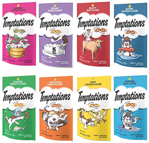 Temptation Classic Tasty Cat Treats Variety Pack 8 Flavors ( Tantalizing Turkey, Chicken, Hearty Beef, Tuna, Creamy…