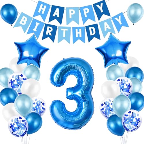 3rd Birthday Decorations for Boys - Blue Silver 3rd Party Decorations, Happy Birthday Bunting Banner, 32inch Foil Number 3 Balloons Set