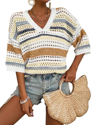 Image of Acelitt Crochet Tops for Women Summer Short Sleeve Sweater | Boho Striped Knit Top, 3 /4 Sleeve, Hollow Out Oversized Sweaters, Lightweight Blouses, Spring Fall Outfits for Beach Vacation