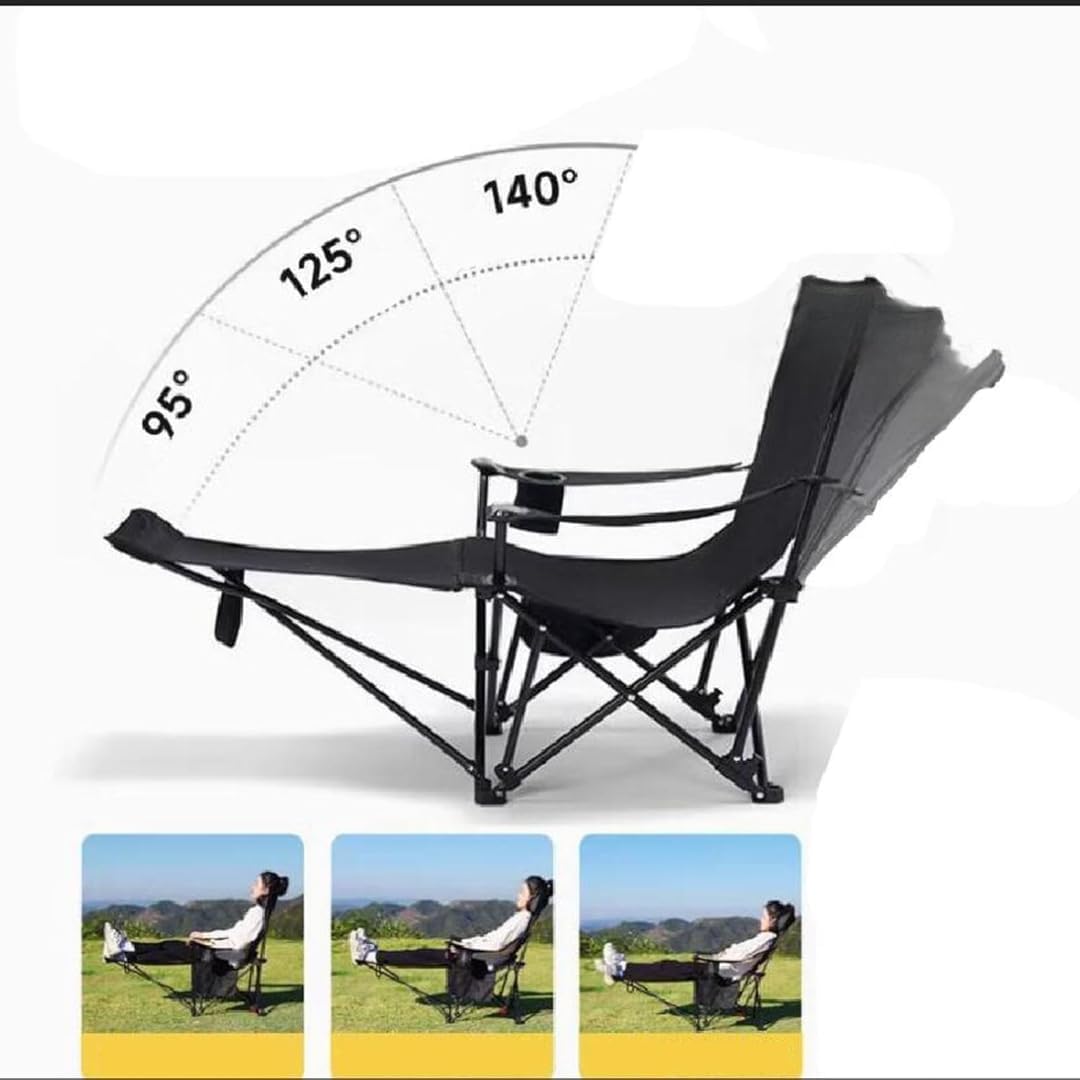 KKVBOSS Folding Reclining Camping Lounge Chair with Adjustable Backrest and Leg Support, Black 1